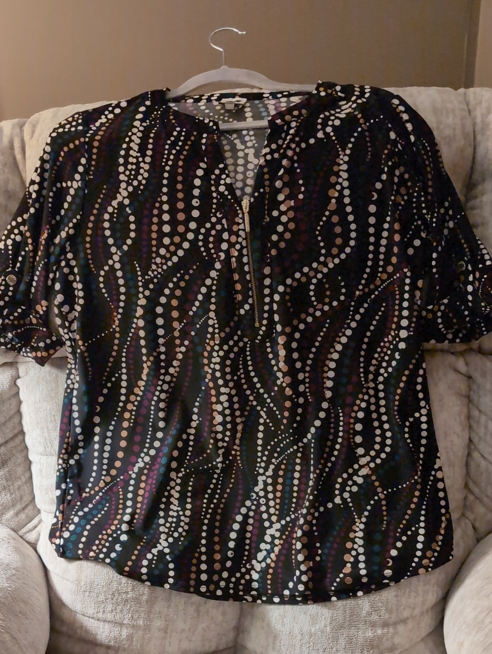 Anne Klein Black Short Sleeve Dot-Print Blouse